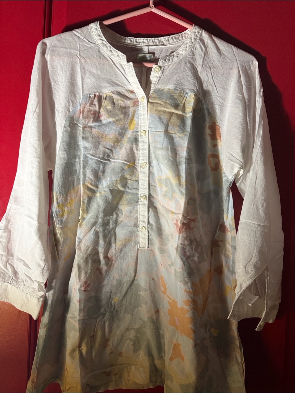 Odille White Long-Sleeve Tunic with Pastel Watercolor Print